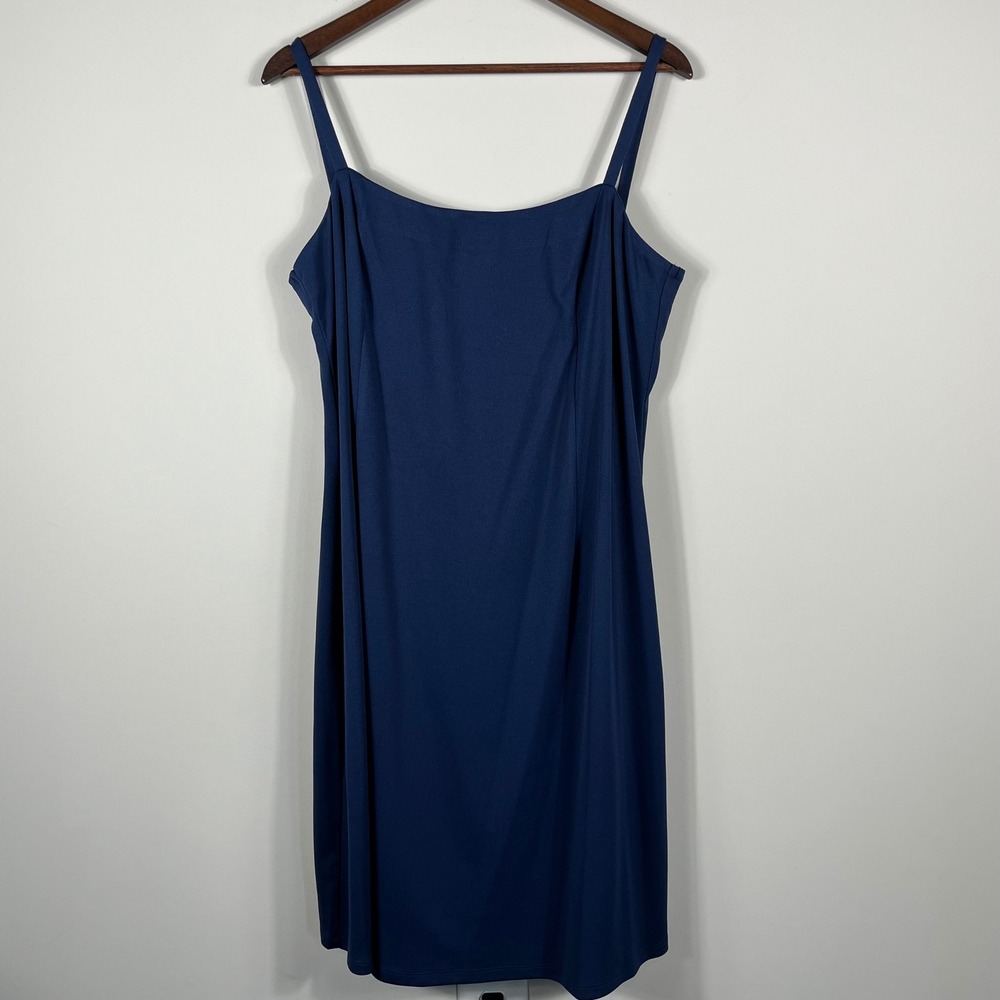 Leslie Fay Womens Navy Blue Spaghetti Strap Sheath Dress Plus Size 18W